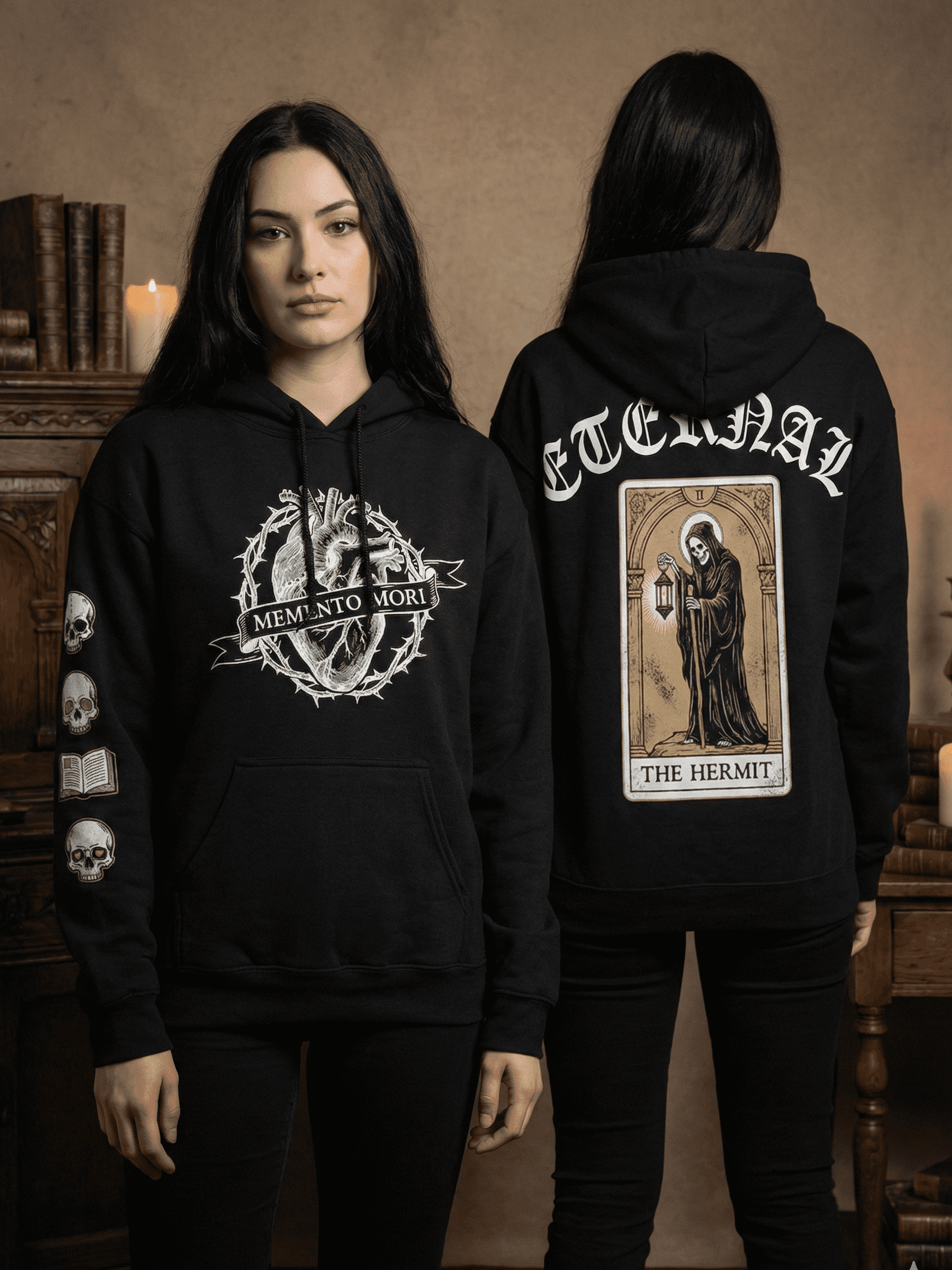 women hermit printed black dropshoulder hoodie