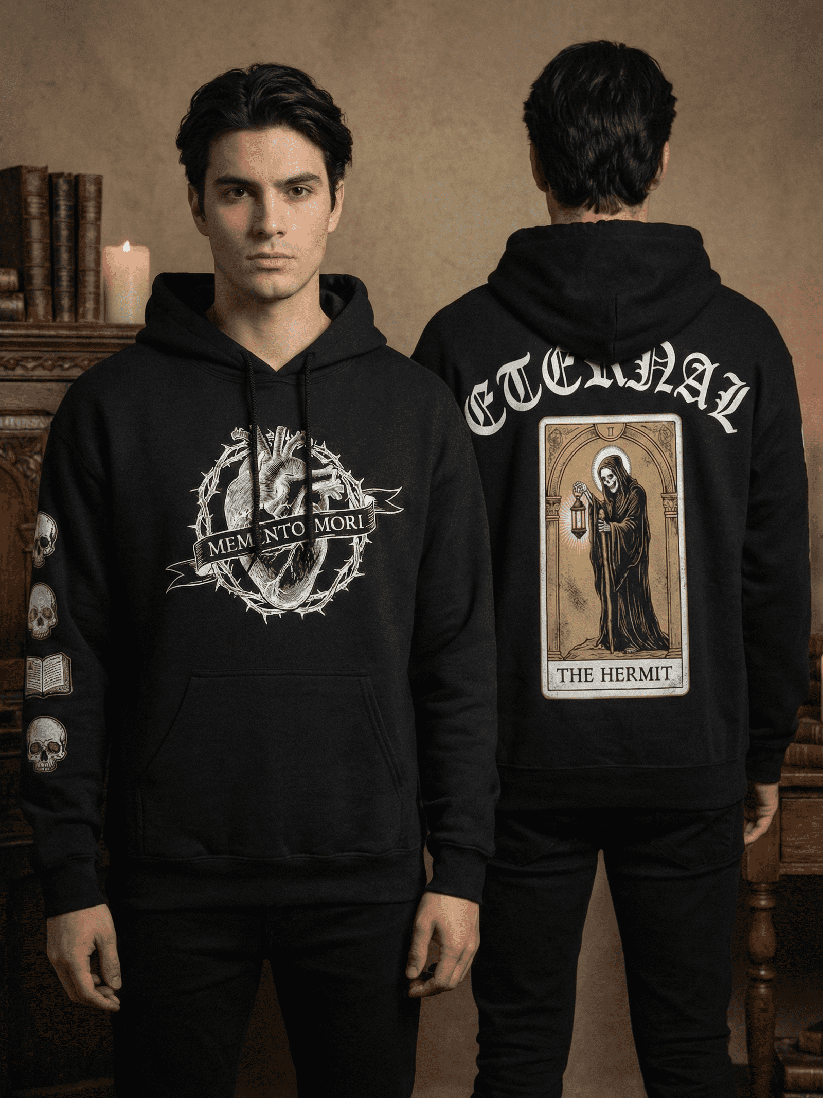 Black hermit printed dropshoulder hoodie