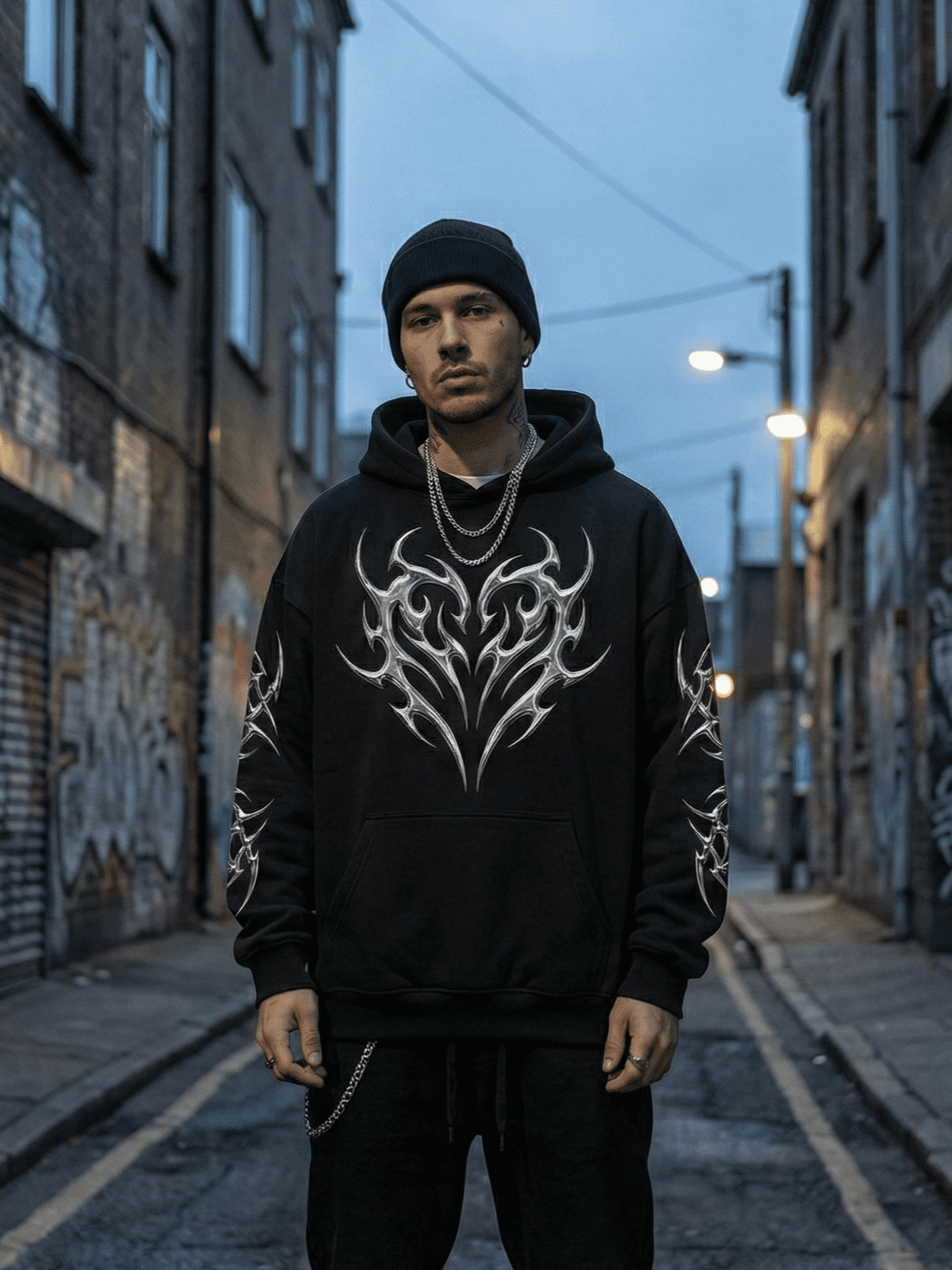 gothic style heart printed black dropshoulder hoodie