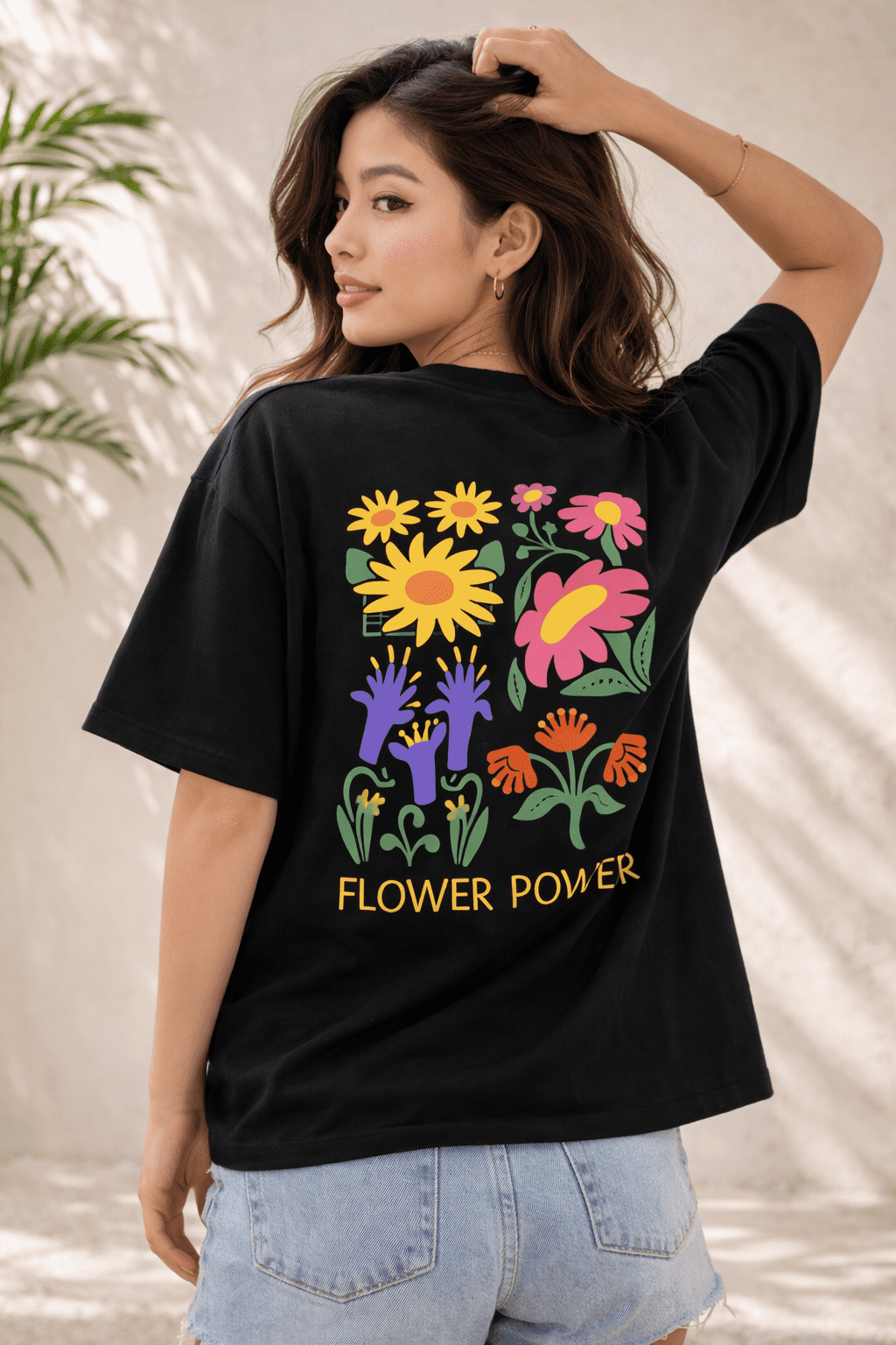 Women Oversized Black T-Shirt with Back Print